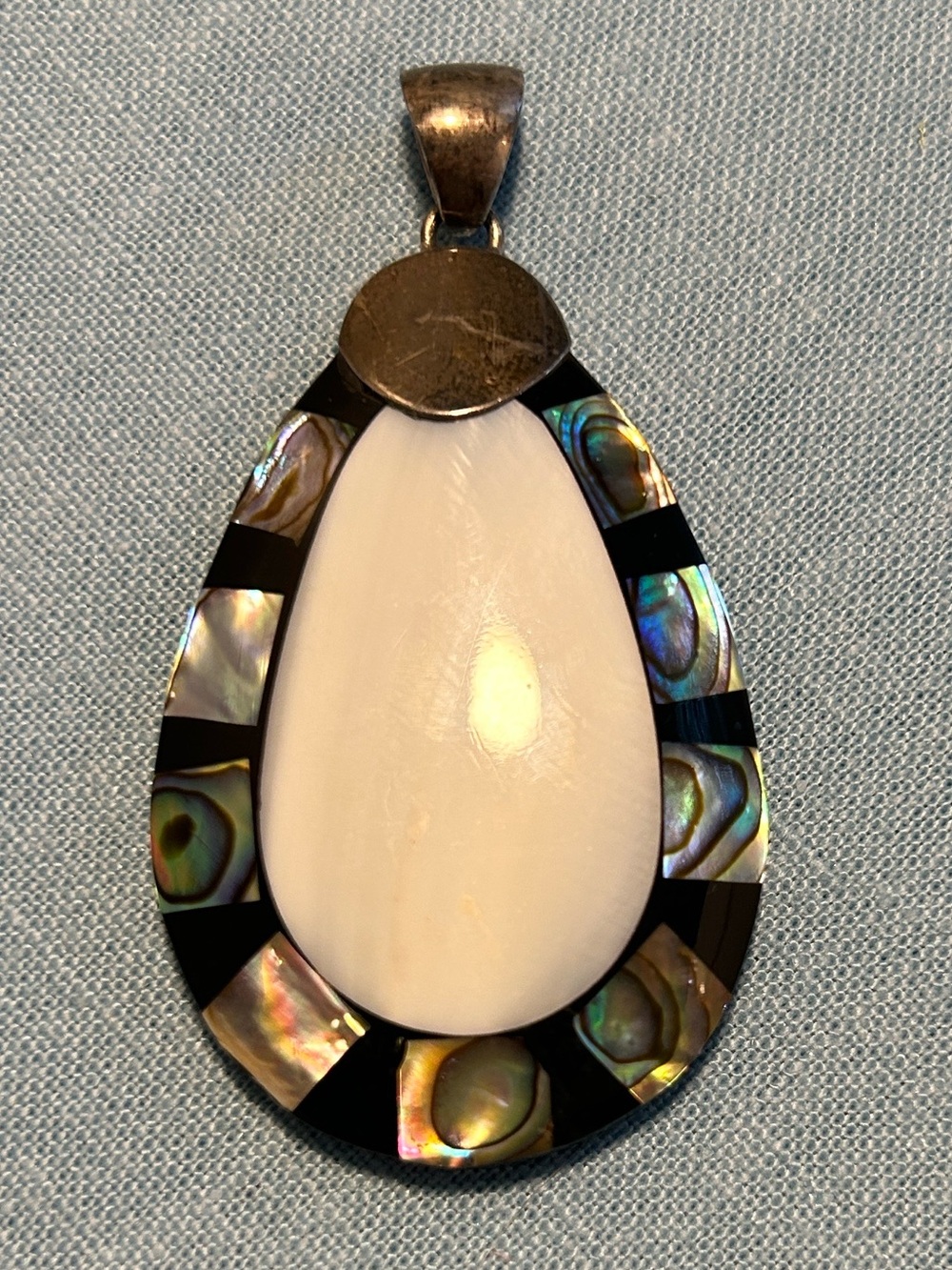 Vintage Signed Lee Sands Sterling Teardrop Pendant -  Mother of Pearl & Abalone.